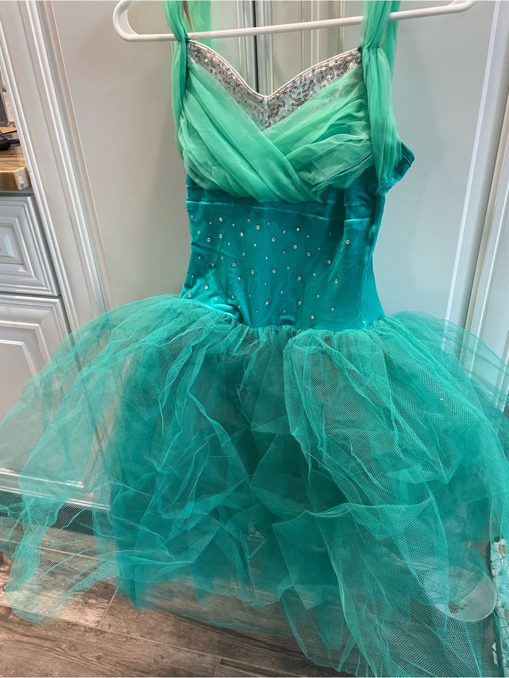 Kids Teal Tulle Costume Dress with Rhinestone Bodice